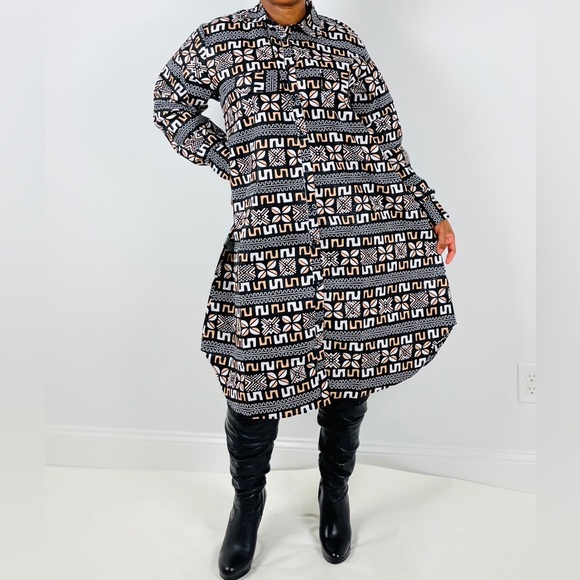 African Print Ankara Tribal Print Multicolor Midi Button-up Collard Dress - Picture 6 of 6